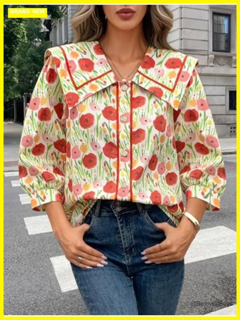 Floral Button Down Blouse 3/4 Sleeve Peter Pan Collar Cotton - Picture 4 of 7
